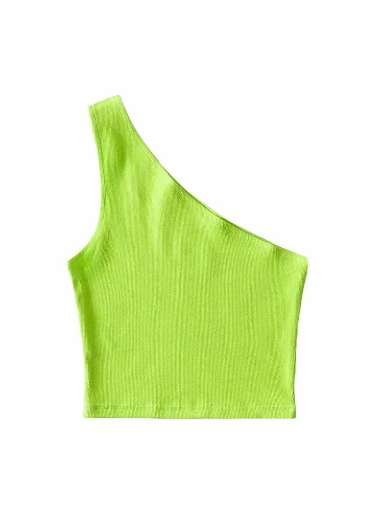 Jedno ramię przycięte koszulki bez rękawów Top damskie letnie bezrękawniki na ramiączkach seksowne ukośny kołnierzyk elastyczny gorset Crop Top Slim