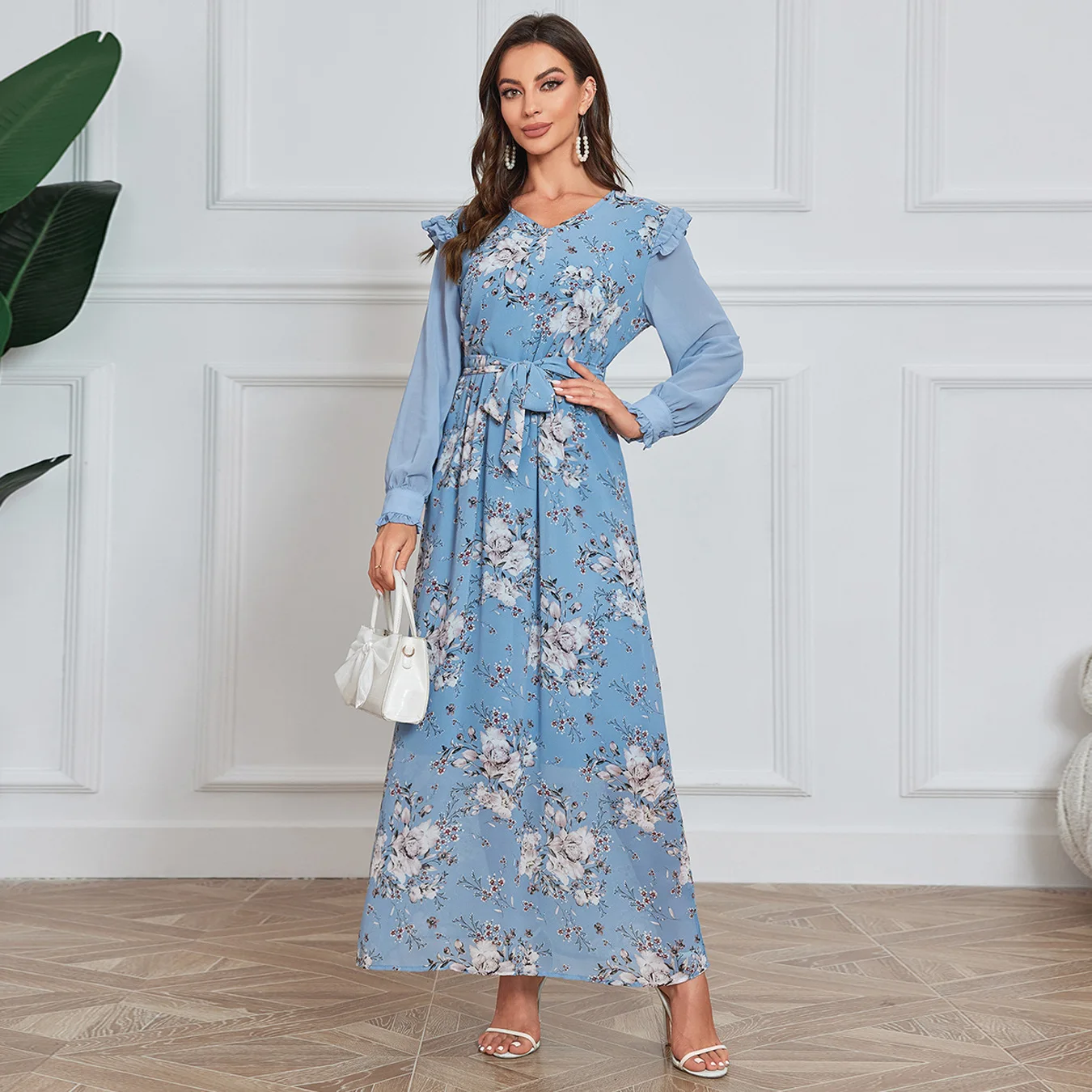 

Women Eid Muslim Elegant Floral Printed Abaya Dress Kaftan Dubai Turkey Party Dresses Ramadan Abayas Caftan Marocain Jalabiya