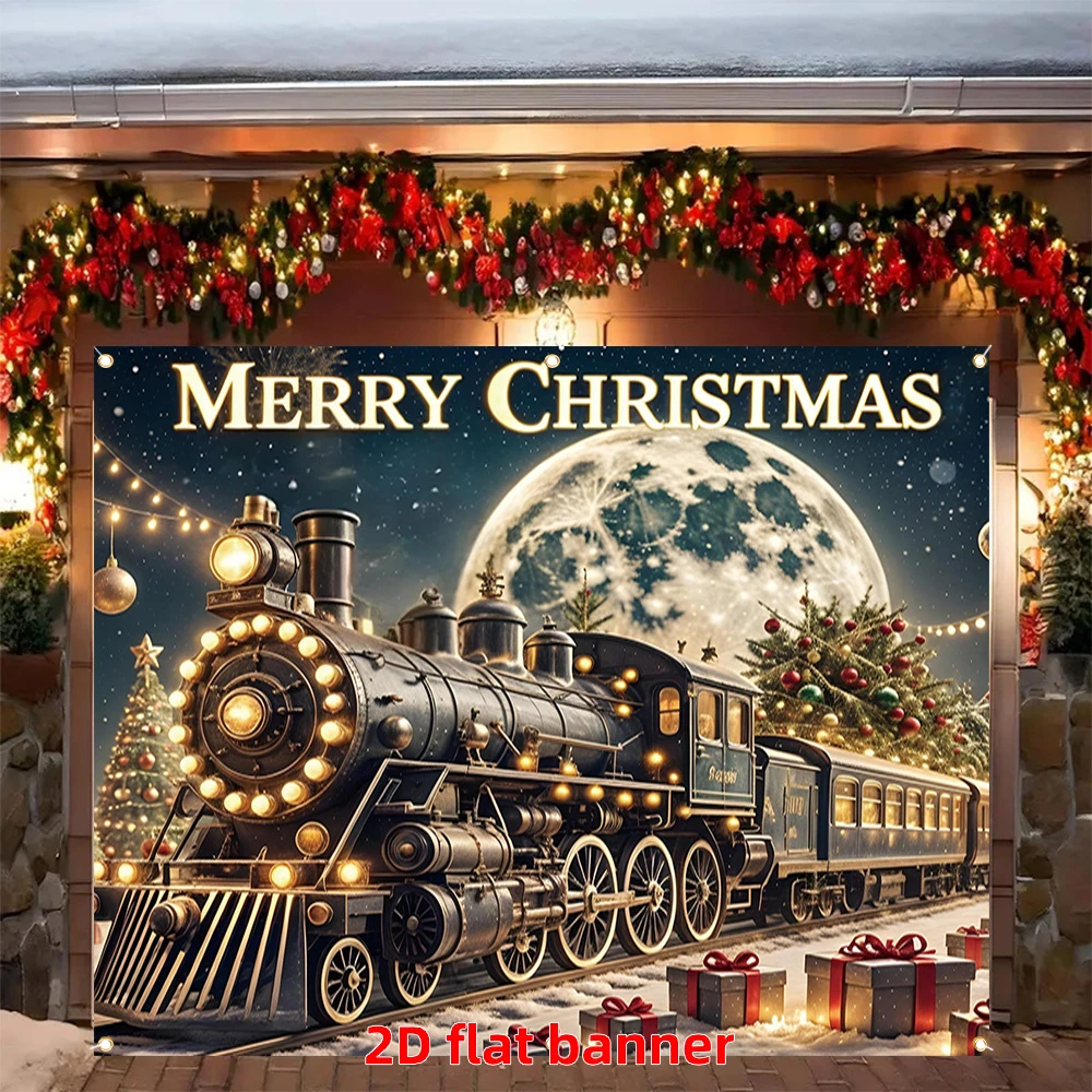 1PC Christmas Christmas Vintage Steam Train Garage Door Print Backdrop Banner, Bedroom Living Room Kitchen Photo Background