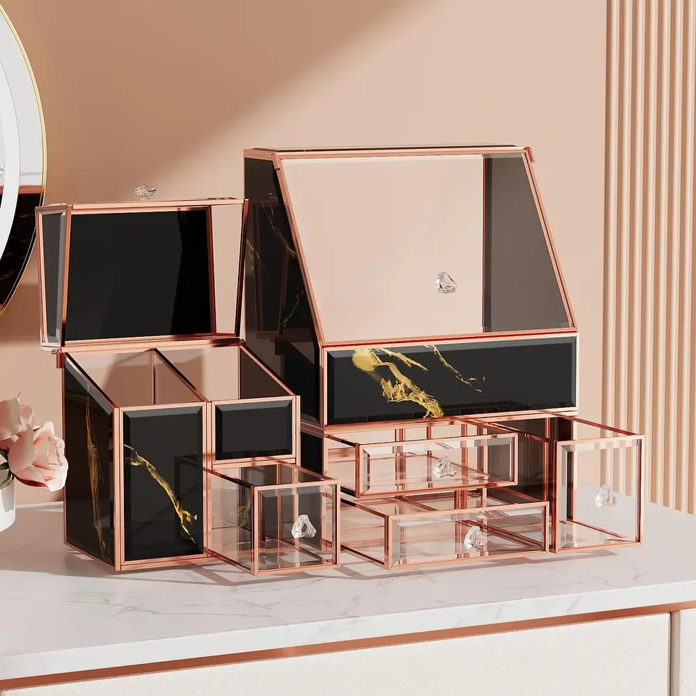 

Makeup Organizer Black,Glass Vanity Organizer for Skincare, Perfume, Brushes & Lipsticks – Countertop Makeup Storage Box for Wom