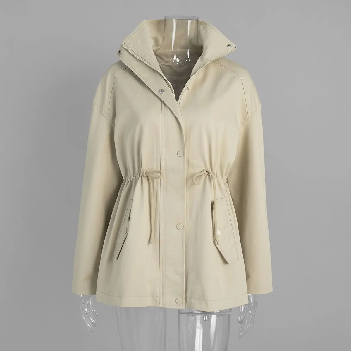 

Spring and Autumn New Oversize Women's Windbreaker Coat Commuter Stand Collar Casual Strap Windbreaker