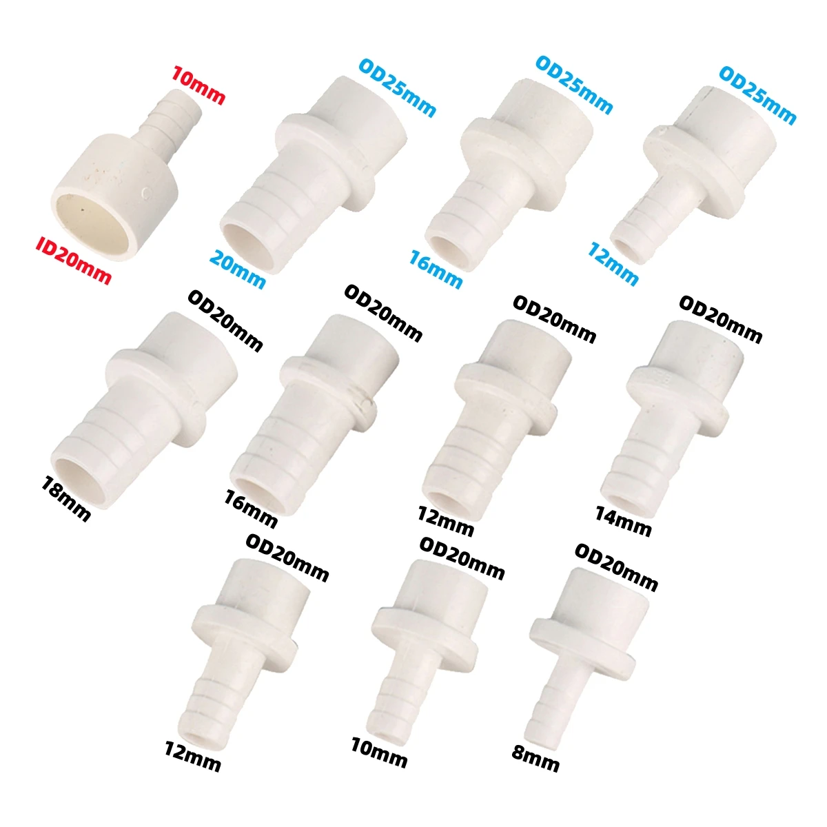 PVC 20/25mm Pagoda Reducing Connector 8/10/12/14/16/18/20mm Variable Diameter Straight Garden Irrigation Fish Tank Joint 10Pcs
