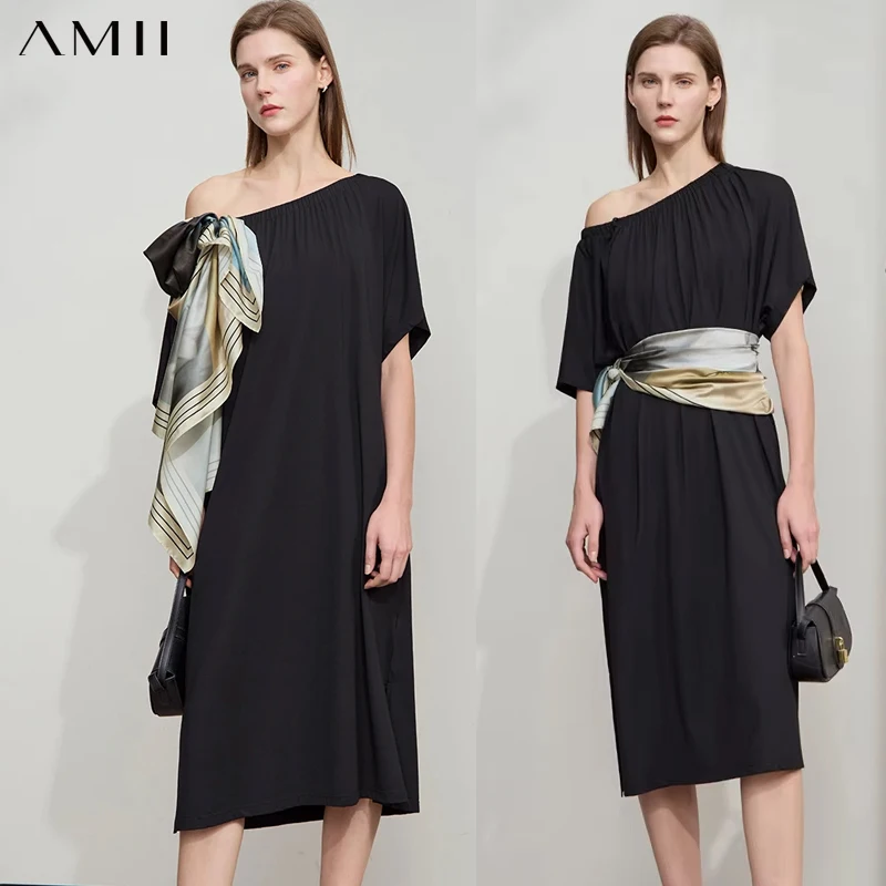 

Amii Minimalist Casual Dress Women 2025 Summer Printed Scarf Abstract Office Lady Loose Sleeve Multi-wear Knit Dresses 12522062