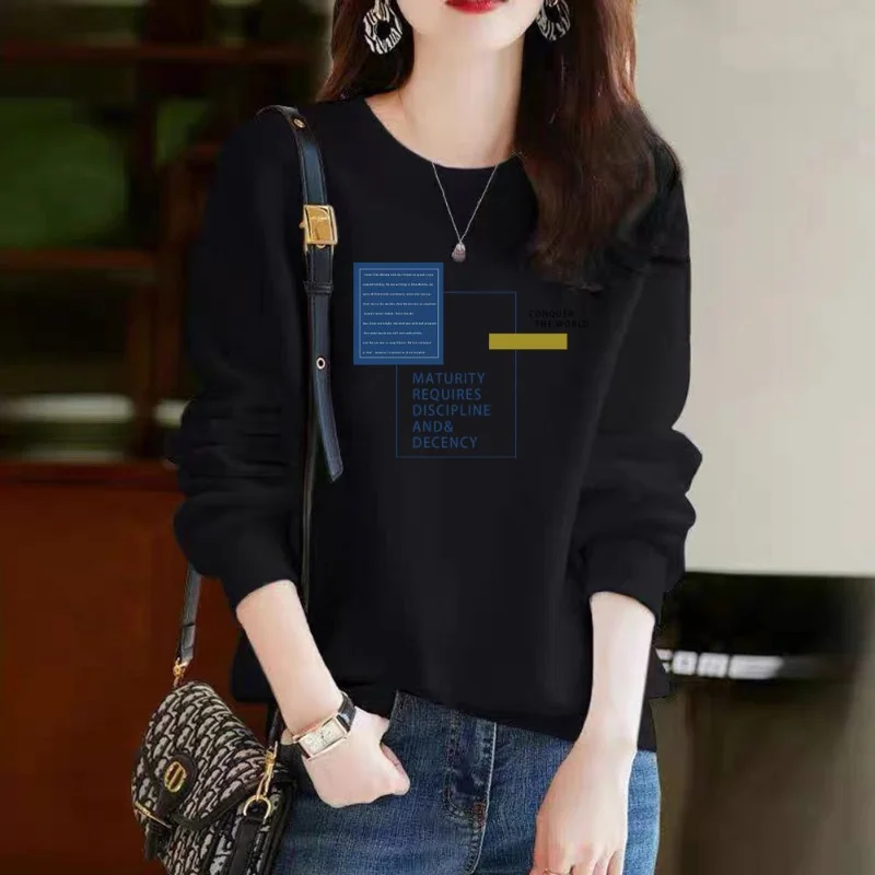 Women Autumn and Winter New O-Neck Pullovers Sweatshirt Solid Color Printing Casual Loose Large Size Versatile Long-sleeved Top