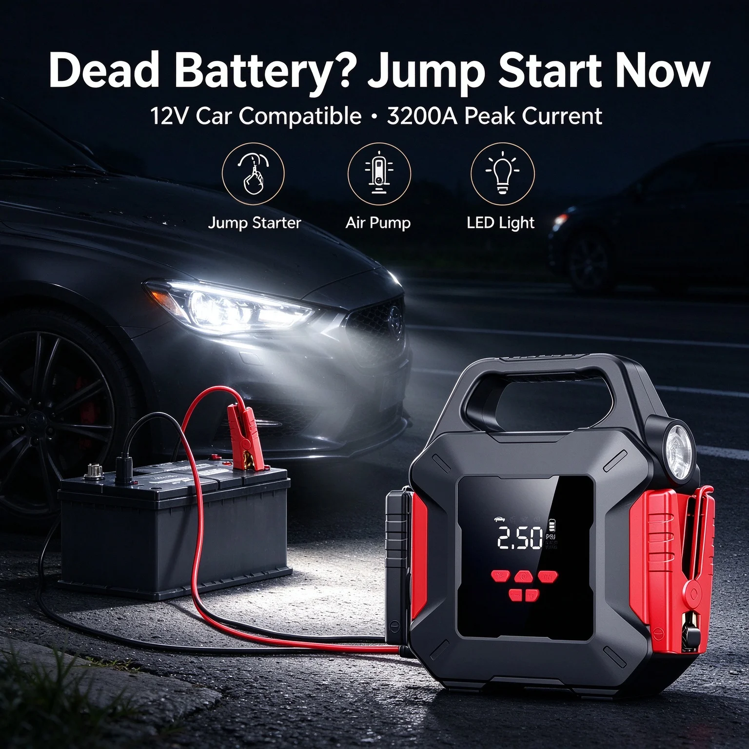 12V Portable Car Jump Starter with Air Compressor 3200A 150PSI Wireless Tire Inflator Auto Battery Booster Fast Starting Device