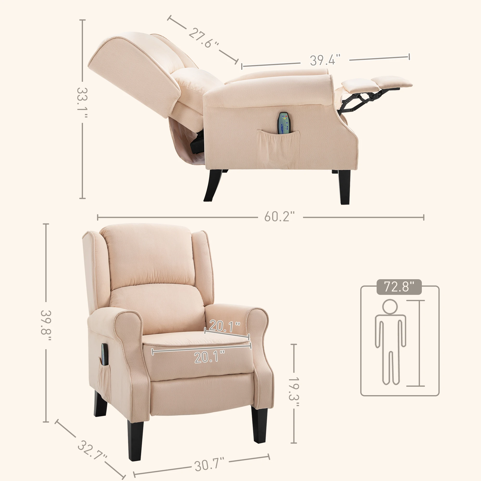 Relaxing Fabric Heated Massage Chair Vibrating Recliner Sofa with Remote Control