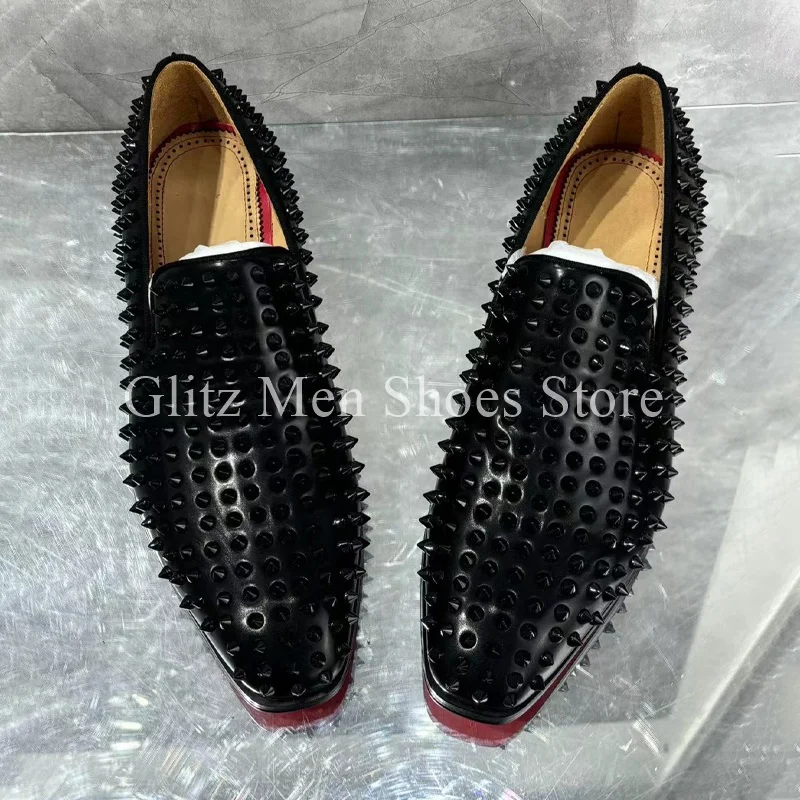 Studded Loafers New Black Leather Single Shoes Small Square Toe Loafers Business Dress Men's Leather Shoes Formal Wedding Shoes