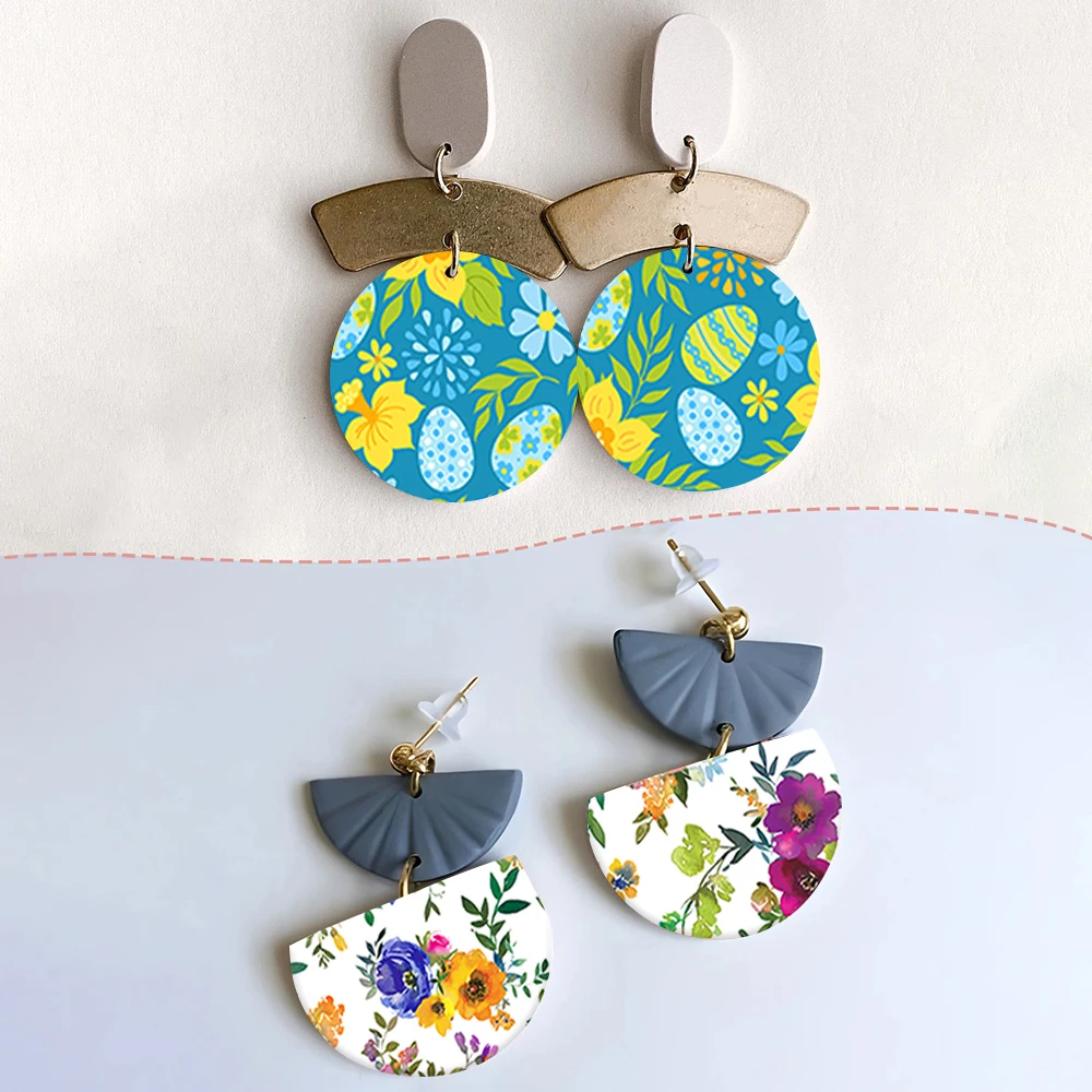 Easter Egg Spring Flower Abstract Pattern Soft Ceramic Earrings Water Transfer Paper Sticker For Jewelry Making