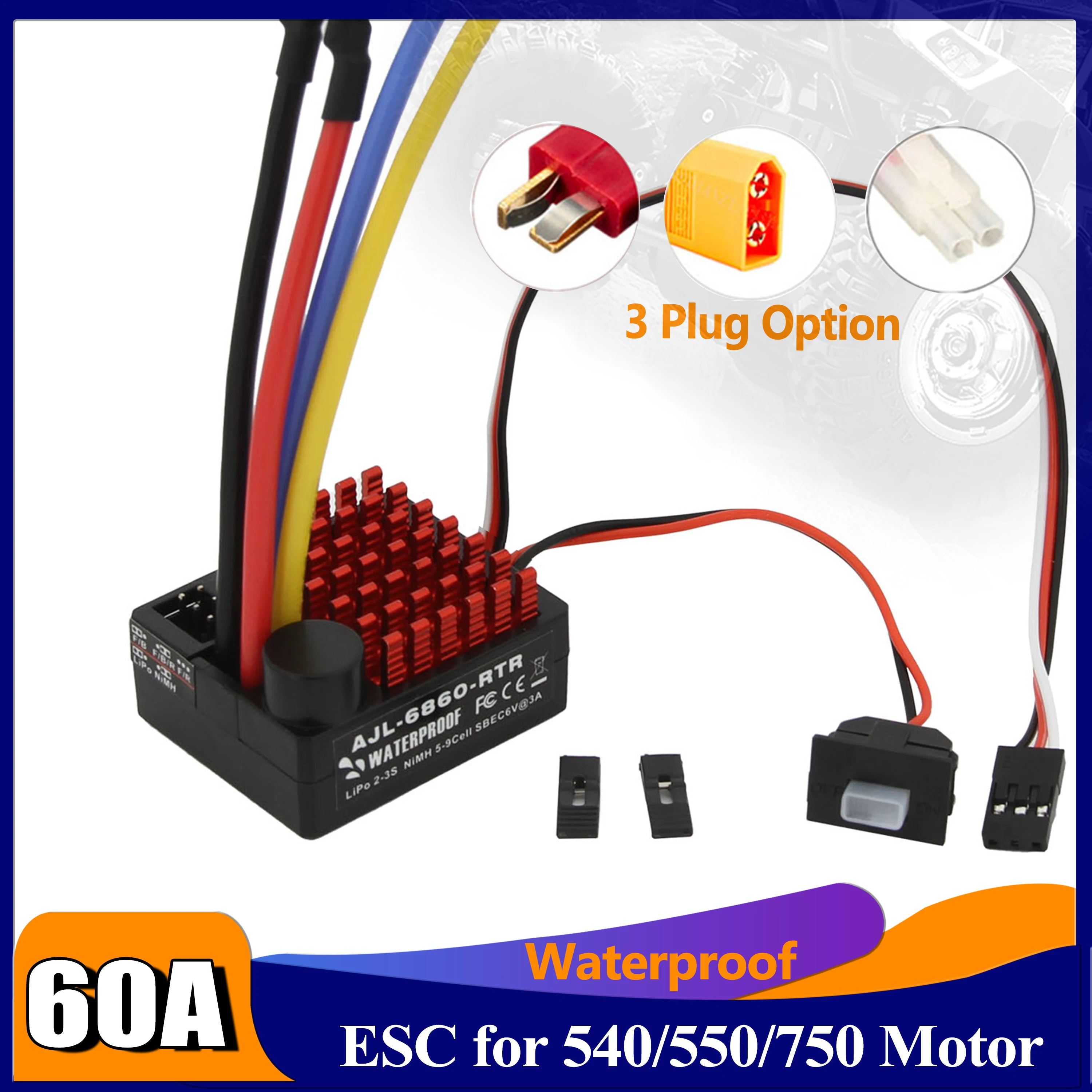 

540/550/750 Motors Waterproof 60A Brushed ESC 6V/3A BEC Built-in 3 Modes AJL-6860-RTR 2-3S for RC Car Vehicles Boat Tank Model