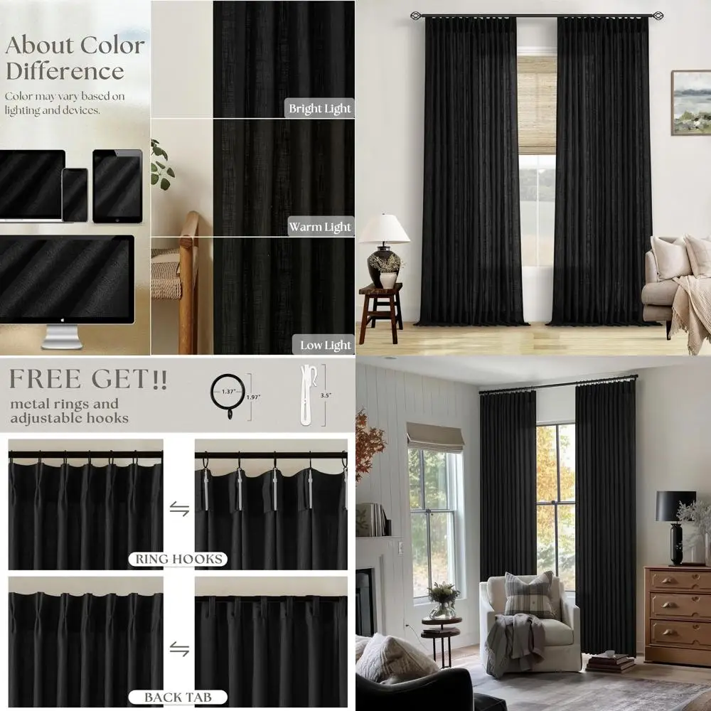 

Светофильтрующие черные полупрозрачные льняные шторы, длина 90 для гостиных, плиссированные крючками и кольцами, набор из 2 панелей