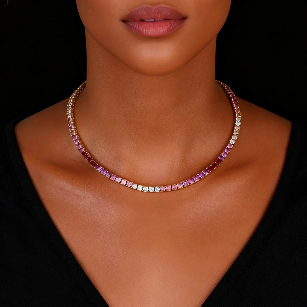 

3mm Colorful Tennis Necklace Micro Paved Bling CZ Rainbow Color Classic 1 Row Unisex Jewelry Fashion