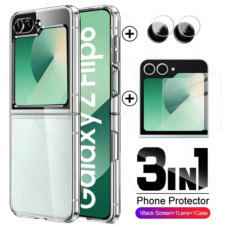 Samung ZFlip6 Case 3In1 Back Screen Camera Protector For Samsung Z Flip6 5G Protective Glass Flip 6 Z6 Clear Hard PC Cover Capas