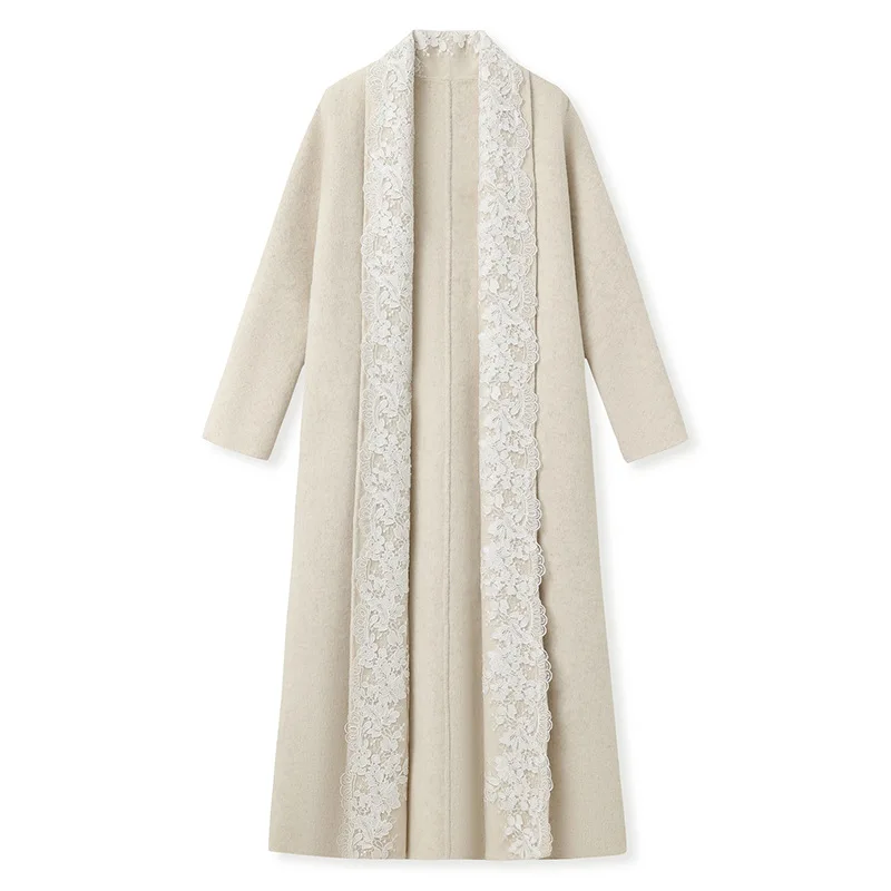 Winter Fashion Versatile Lace Splicing Woolen Coat Long Jacket New Chinese Style Pleated Long Skirt Suit for Women