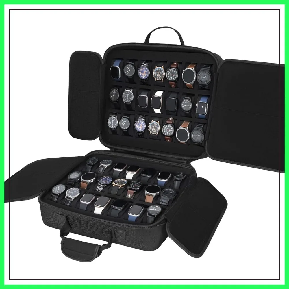 42 Slot Watch Storage Box, Portable Hard Travel Case for Men Women, Padded Display Organizer with Foam