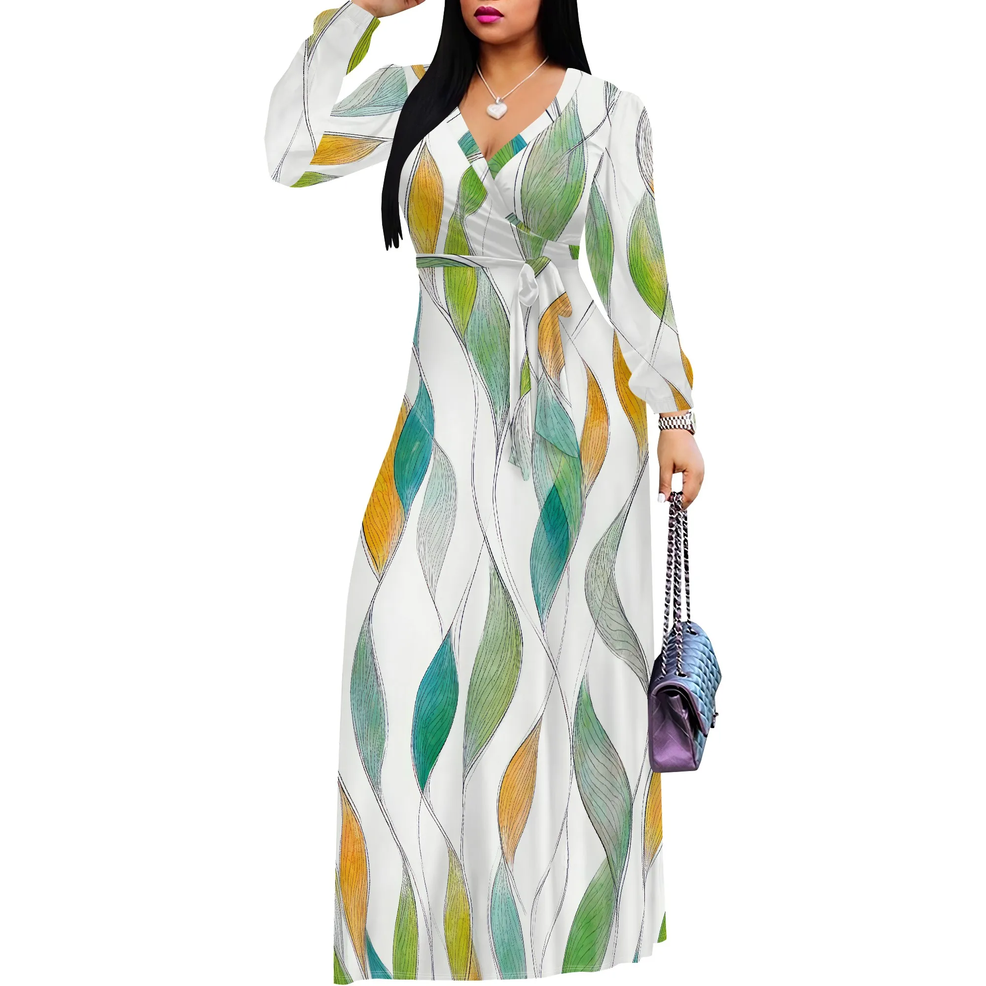 

Plus Size Dresses for Women Floral Print Maxi Dress Flowy 3/4 Sleeve with Belt