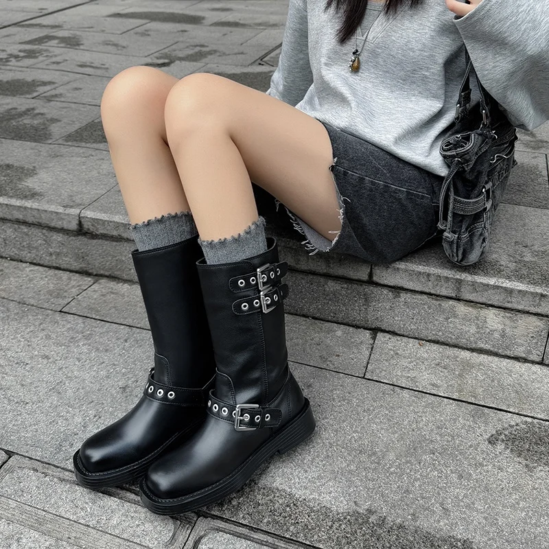 

2025 New Women's Chunky Heels Genuine Leather Mid-calf Boots Loose Fit Autumn Winter Casual Shoes Punk Motorcycle Boots Shoes