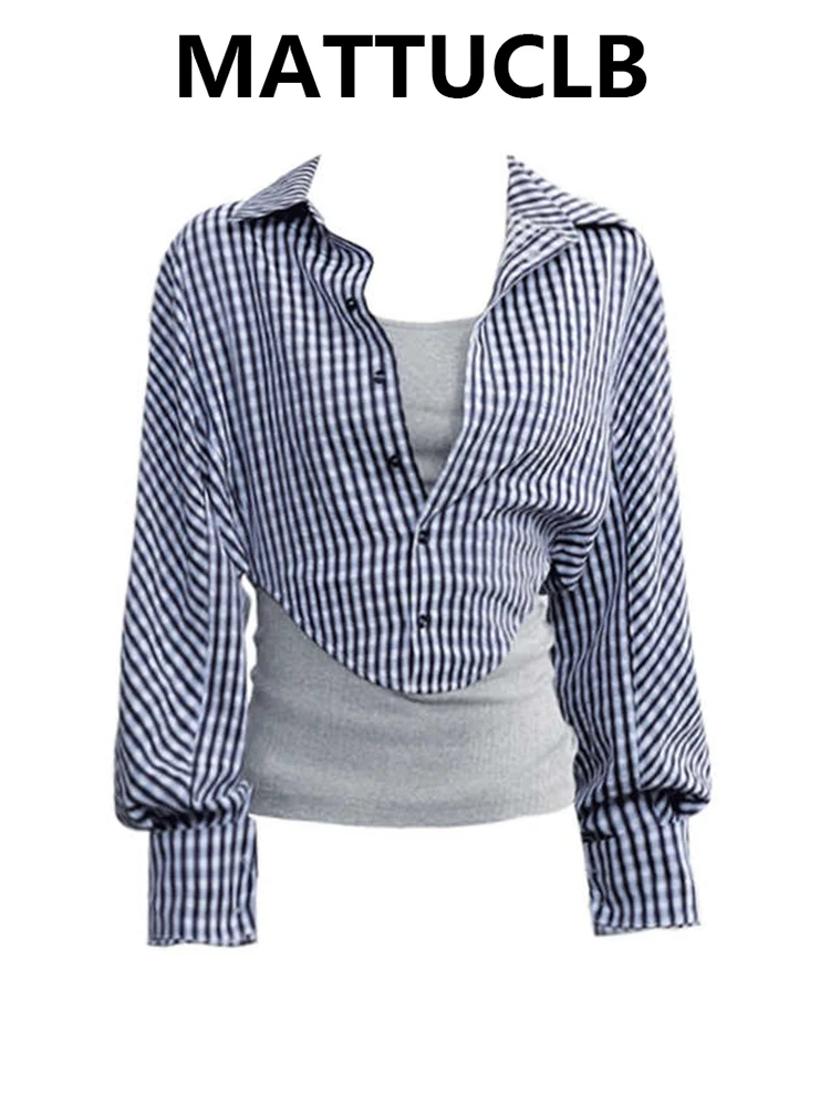 

Женский топ из двух предметов с длинным рукавом в американском стиле ретро Y2k, корейская мода, High Street 2000-х годов, тонкая клетчатая блузка Gyaru Design