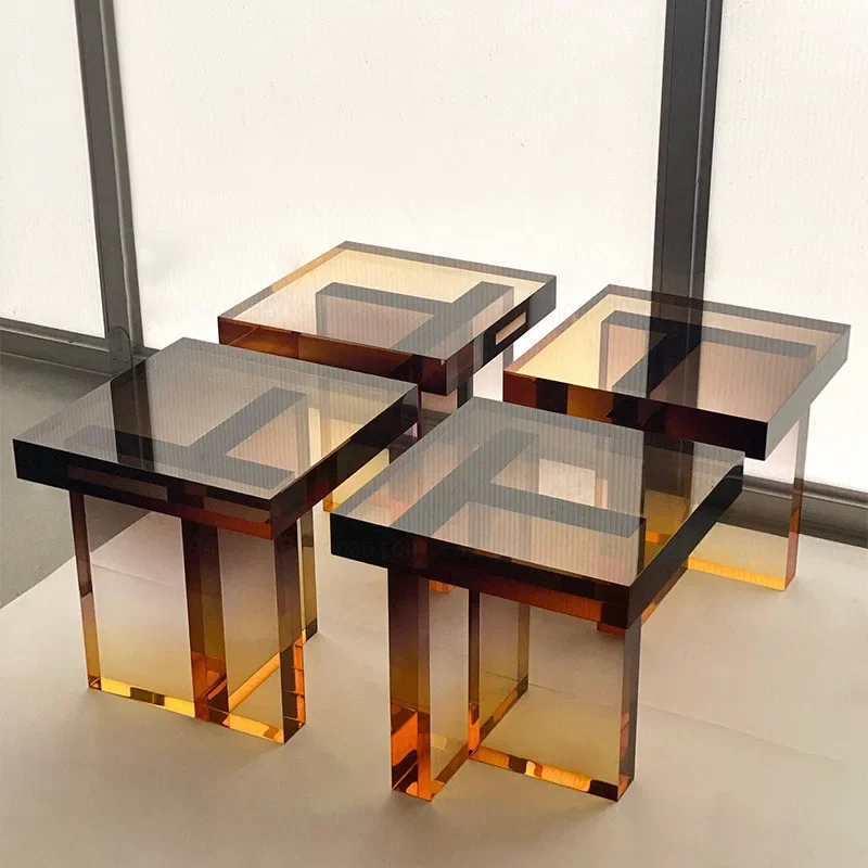 Nordic dark brown gradient small coffee table luxury modern villa reception acrylic simple square gold edge tables.