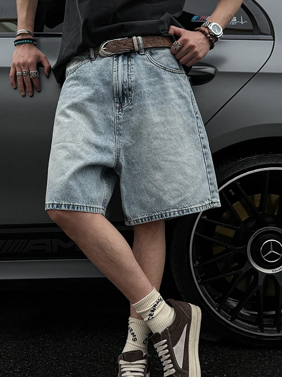 Pantalones de mezclilla finos de verano para hombre, marca de moda American Vibe Retro Waed Vintage, sensación de alta gama, Le recto de cinco cuartos...