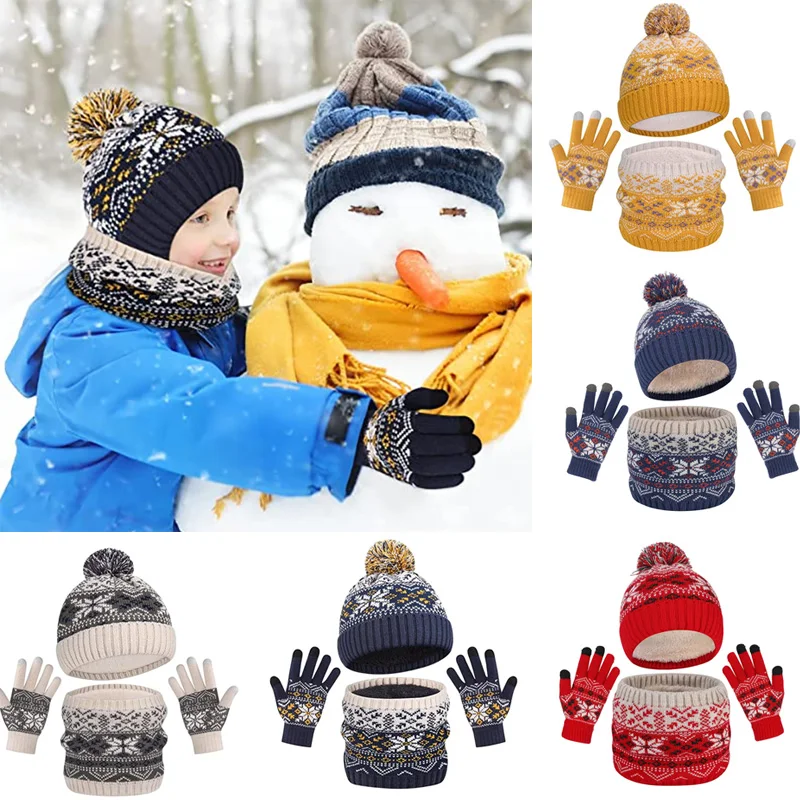 

3Pcs/set Children's Warm Knitted Hat Scarf Gloves Outdoor Windproof Hats for Boys Girls Cute Sweet Sport Scene Kids Accessories
