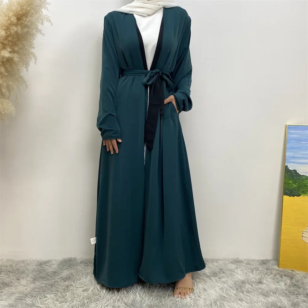 

Muslim Dress Double-sided Cardigan with Lace-up Pockets Dubai Abayas Arab Turkey Long Dresses for Women Elegant Islam Clothing