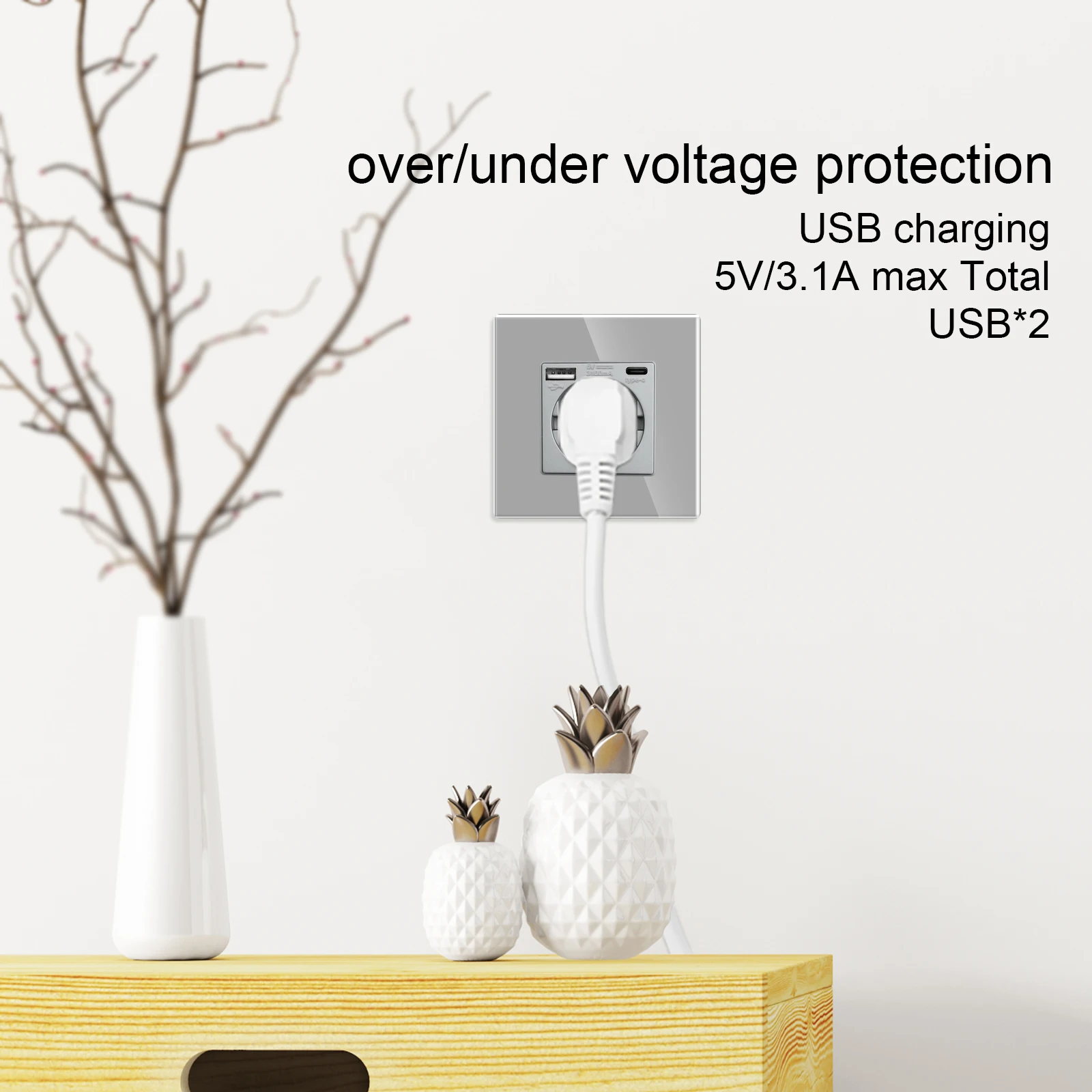 Bingoelec EU Russia Standard Wall Socket with Daul USB Electrical Outlet TypeC Plug Grey Crystal Glass Panel Power Socket
