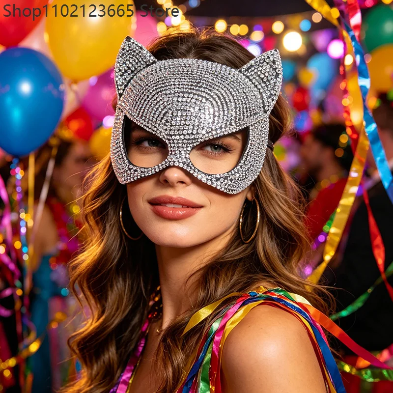 Halloween Cat Rhinestones Mask Sexy Half Face Eye Mask Halloween Party Cosplay Lovers Mask Costume Props Male Female Costumes 2