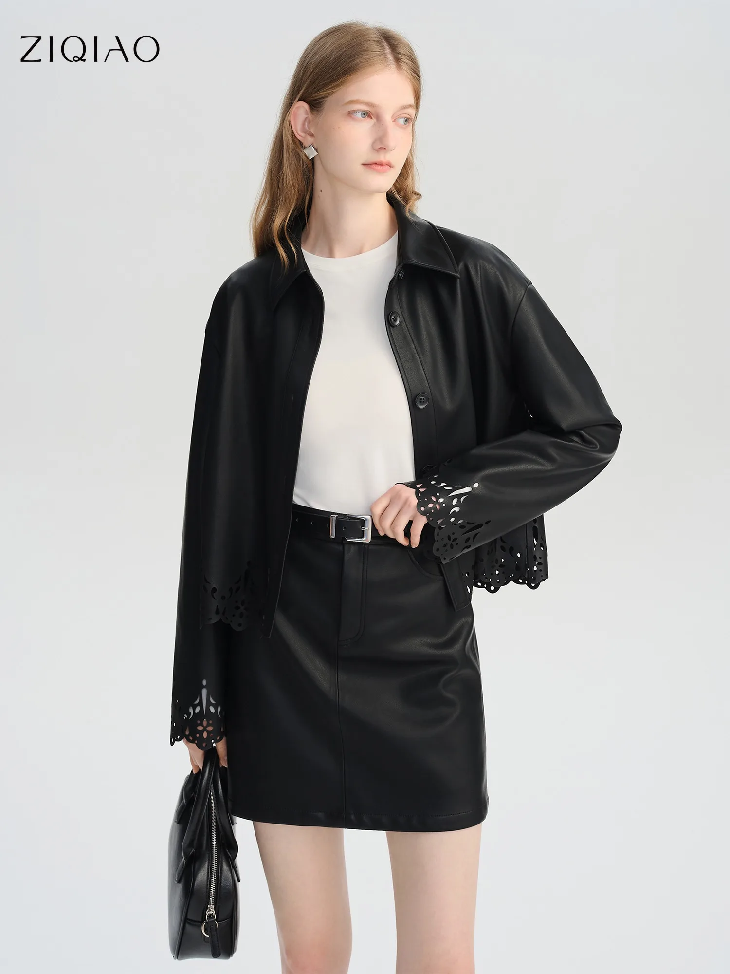 

​ZIQIAO Autumn 2025 Textured Vegan Coordinated Set - Cropped Hemline Mini Skirt & Jacket Architectural Cut Ladies Two Piece​