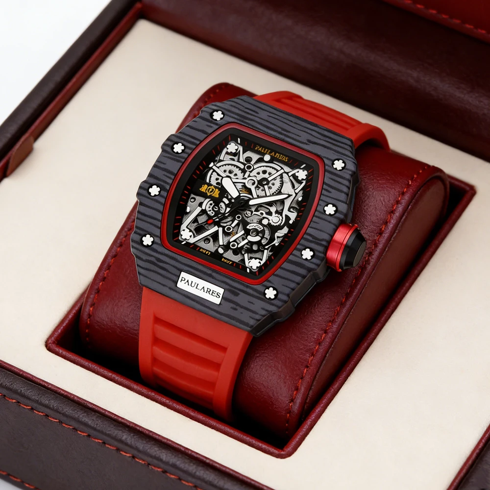 

Мужские спортивные автоматические механические часы PAULAREIS P Brand с модным резиновым ремешком, водонепроницаемые, скелетонизированные, с полым циферблатом