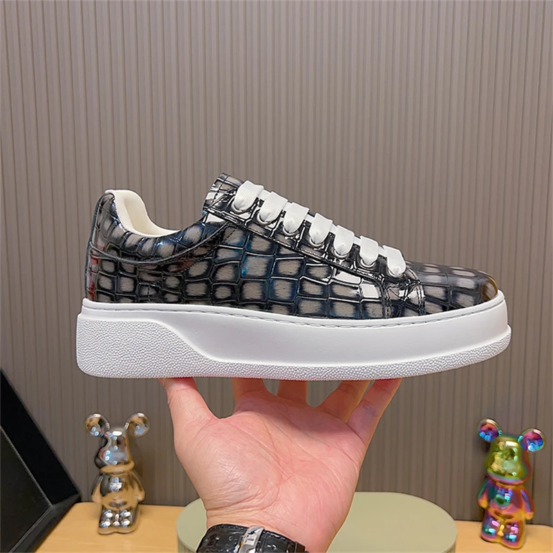 للجنسين رمادي منصة حذاء كاجوال رجالي جلد البقر جولة تو منخفضة أعلى أحذية رياضية حجر نمط الدانتيل متابعة لوكس حذاء مسطح اليدوية #4