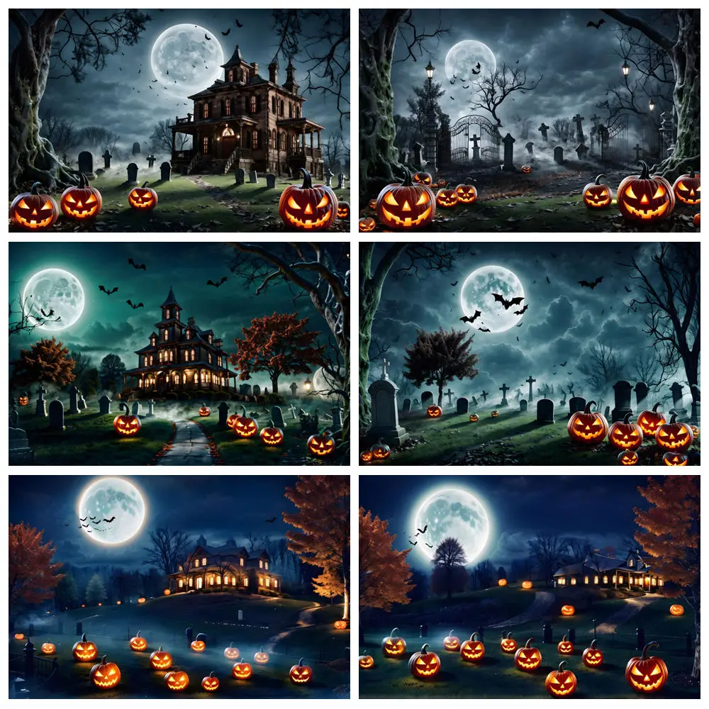 

Happy Halloween Backdrop Scary Cemetery Moon Night Horror Castle Forest Kids Birthday Baby Portrait Photography Background Decor