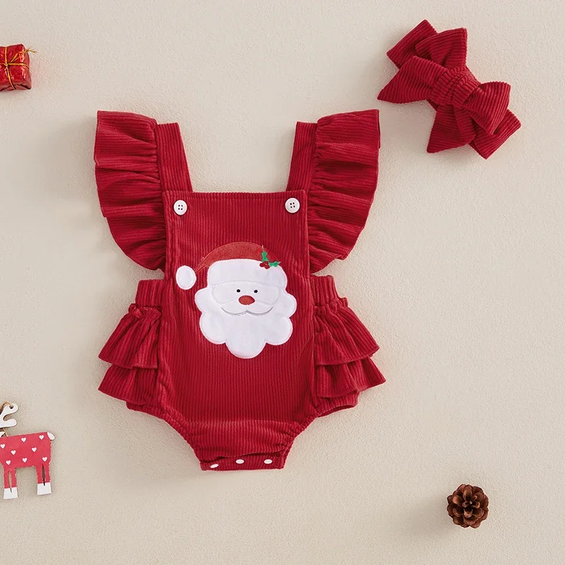 Baby Girl Overalls Romper Christmas Tree/Santa Embroidered Sleeveless Square Neck Corduroy Jumpsuits Headband 2 Pieces Sets