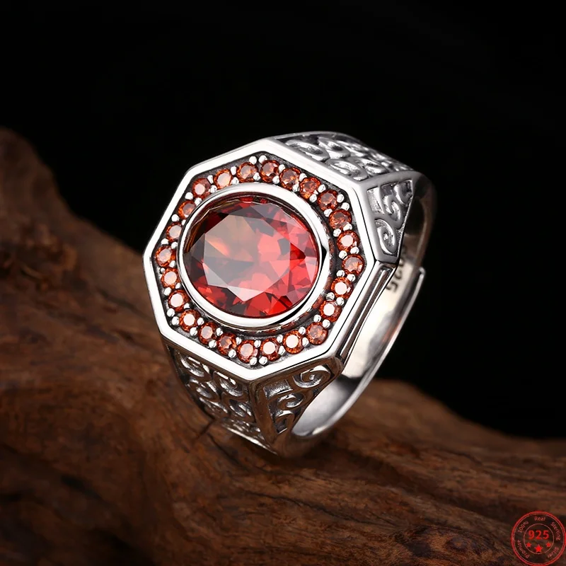 S925 Sterling Silver Charms Rings for Men Women Retro Eternal Rattan Pattern Inlaid Red Zircon Fashion Jewelry Wholesale ﻿