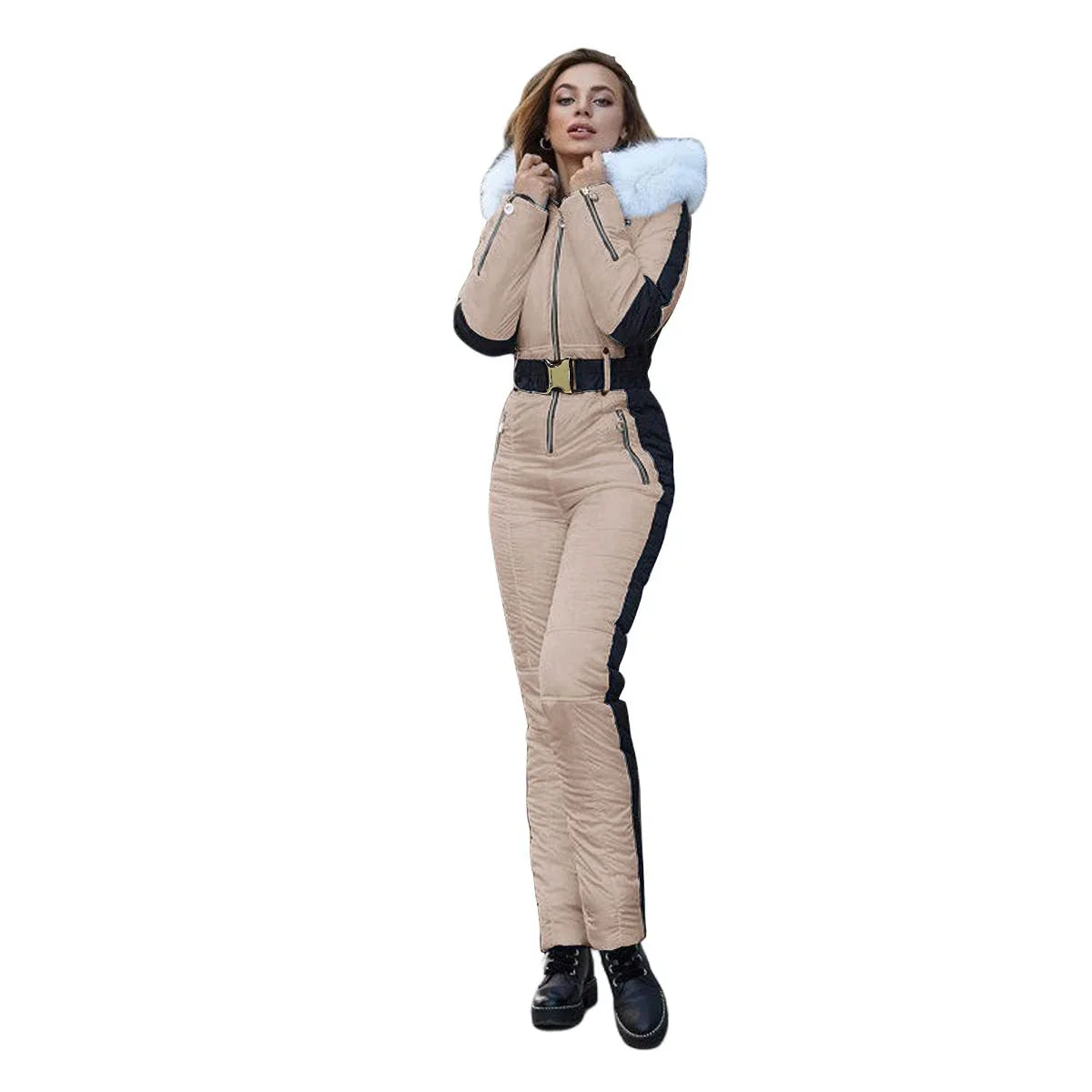Women One Piece Ski Suit Winter Snowboard Jumpsuit Waterproof Windproof Thicken Hooded Outdoor Sport Wear for Mountain Hiking