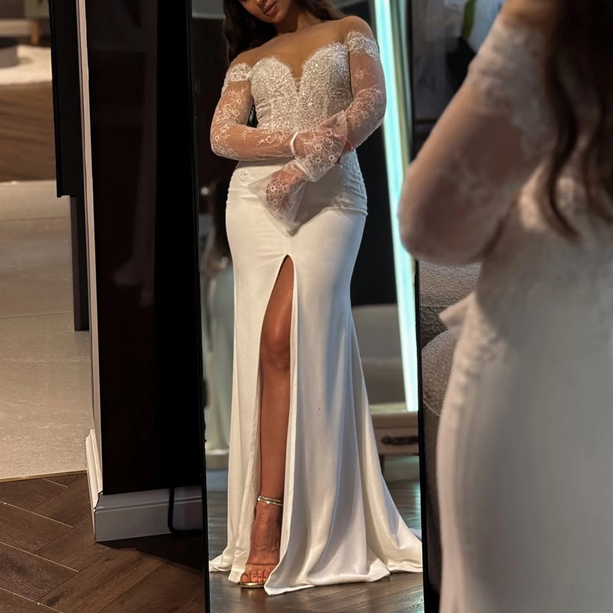 Romantische Satin-Langarm-Brautkleider mit Schleppe 2025, Meerjungfrau, V-Ausschnitt, Mantel, Brautpartykleid für die Braut, Vestidos Novia