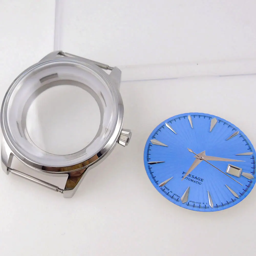 

40mm Silver Rose Gold Watch Case Fit NH35 NH36 Black Blue Green 35mm Sunburst Dial Face Pull-push Crown See-through Back