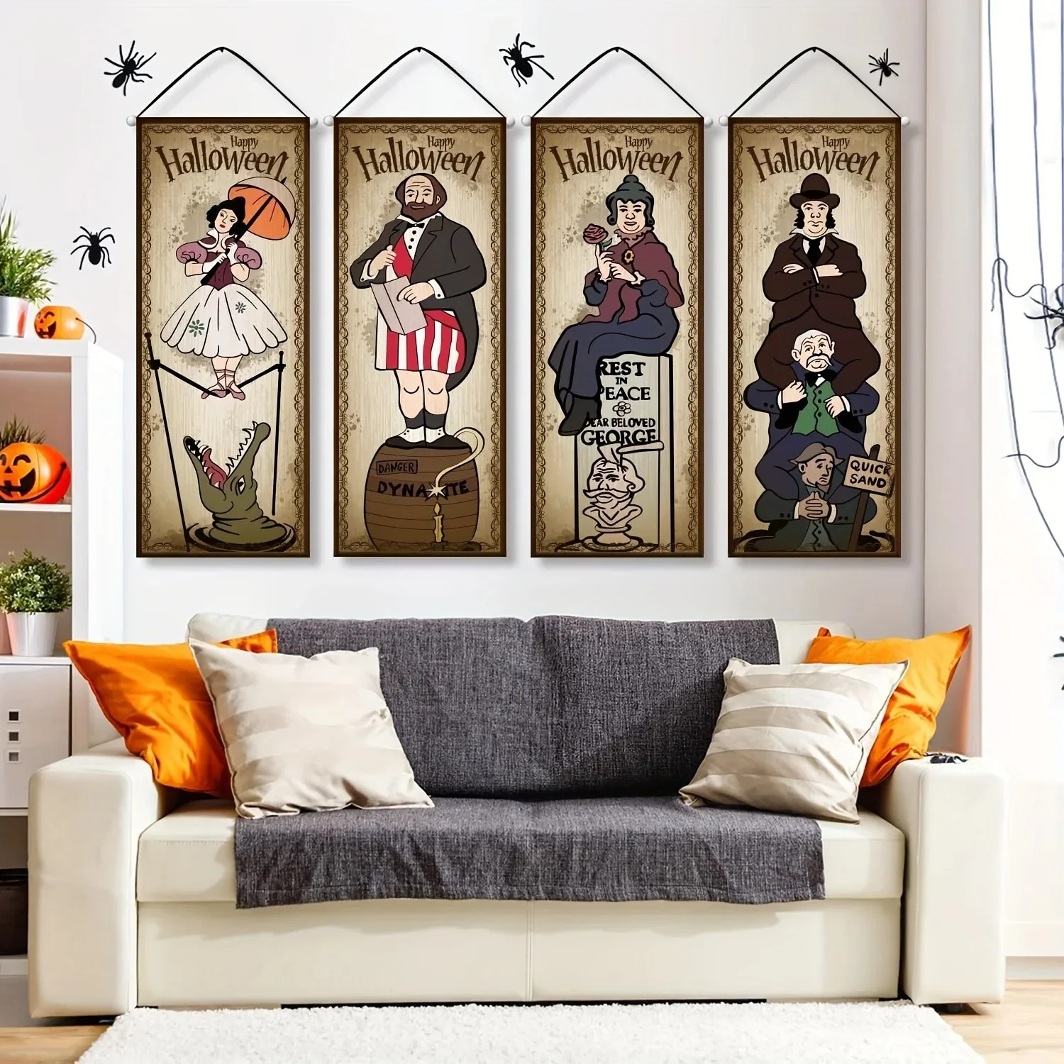 Vintage Haunted Mansion Halloween Vertikales Banner-Set Retro Cartoon-Geister-Charakter Wandbehang-Schild für Indoor-Party-Dekoration – Detail 4