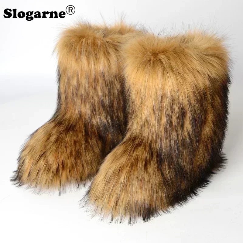 2024 Women Winter Fluffy Fur Boots Woman Furry Snow Boots Plush Warm Outdoor Footwear Girls Luxury Faux Fox Fur Platform Shoes