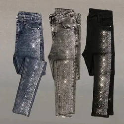 Fashion Rhinestone Jeans Female Spring And Summer 2024 New Korean Version Of High Waist Slim Elastic Feet Pants Pencil Pants