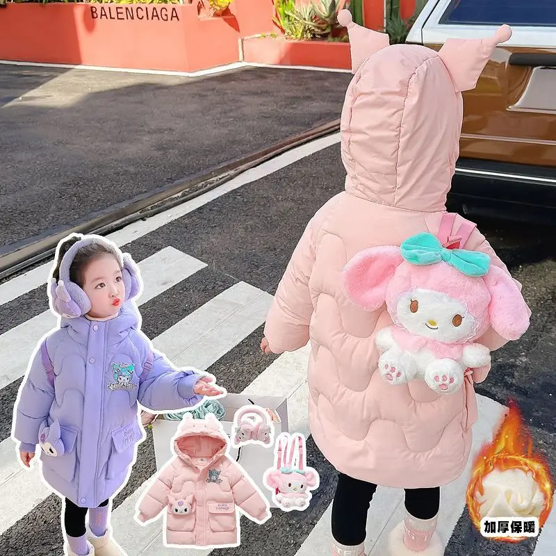 Sanrio Kuromi Girls Jacket Winter Long Cotton Padded Parka Dress Toddler Shinny Hooded Down Coat Christmas Costumes for Snowsuit