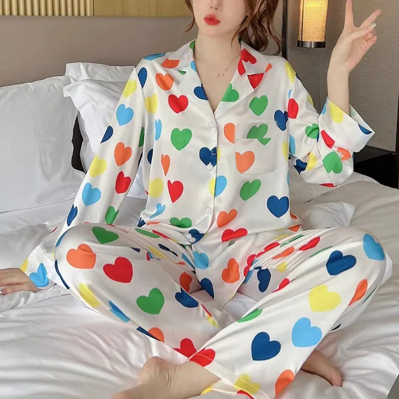 Women\'s Pajamas Sets Spring Autumn 2 Piece Heart Print Pyjama Faux Silk Satin Sleepwear Long Sleeve Pijama Mujer Pjs Homewear