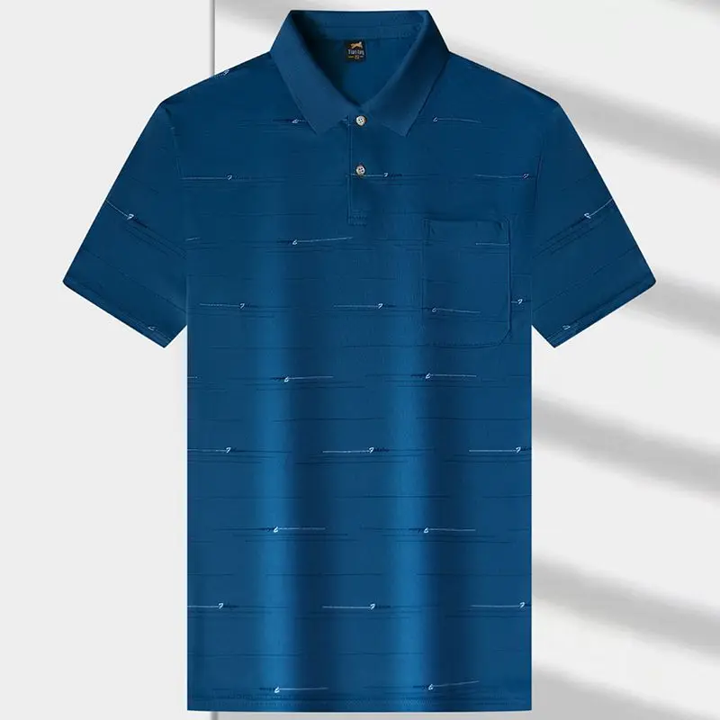 Summer Men's Ice Silk Short Sleeve Polo Shirt Casual Versatile Top with Pocket for Middle-aged and Elderly