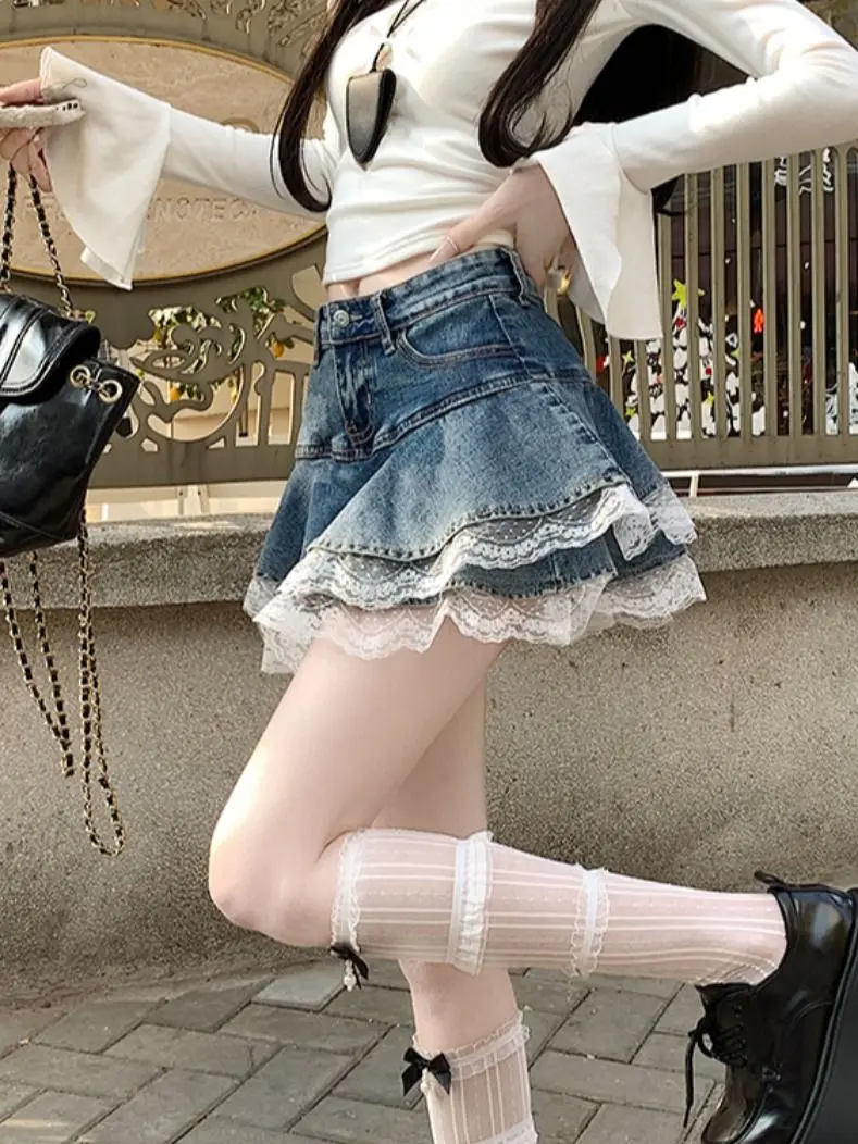 

Vintage Lace Denim Skirt College Style Y2k Sexy Low Waist Cake Puffy Skirt