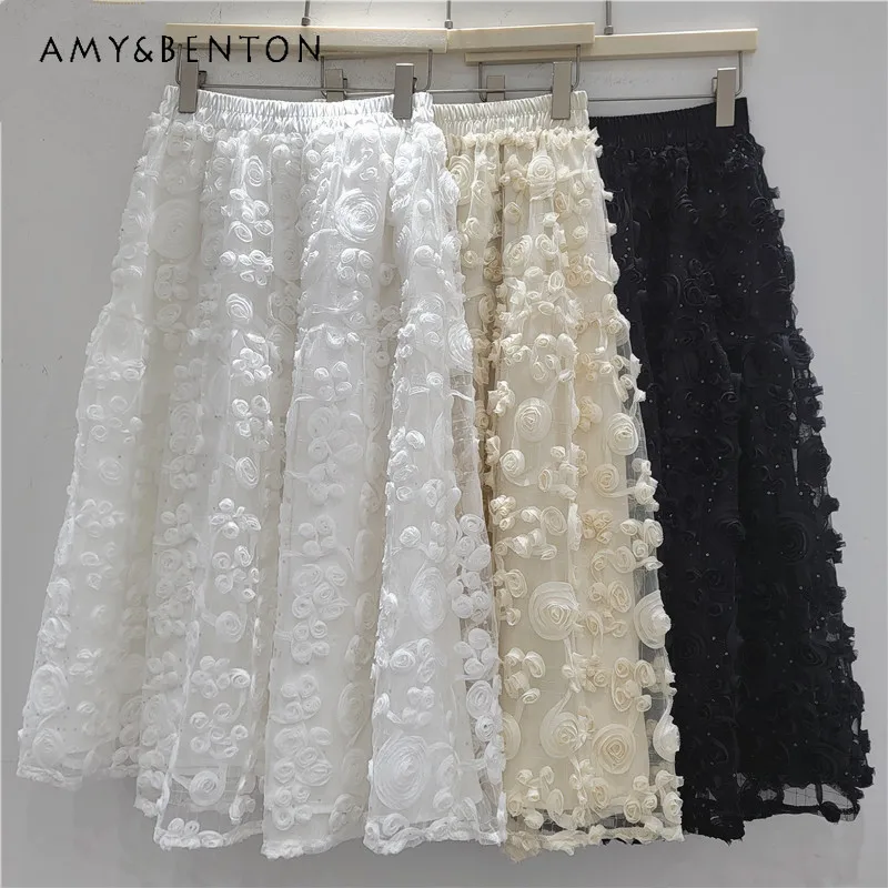 

Unique Design 3D Flower White Skirt Women's 2026 Spring New Design Sense Fashion Elastic Waist A-line Skirts 3 Colors Can Choose