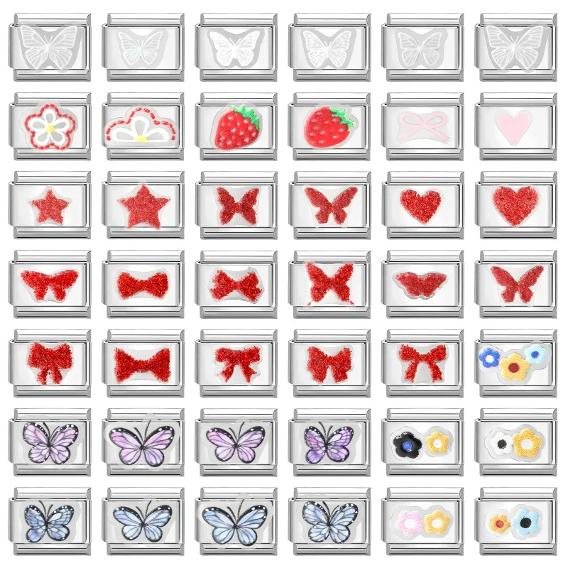 Y2K Colorful Butterfly Star Heart Bow Sticker Charm Italian Links Fit 9MM Stainless Steel Bracelet Jewelry DIY Making Wholesale