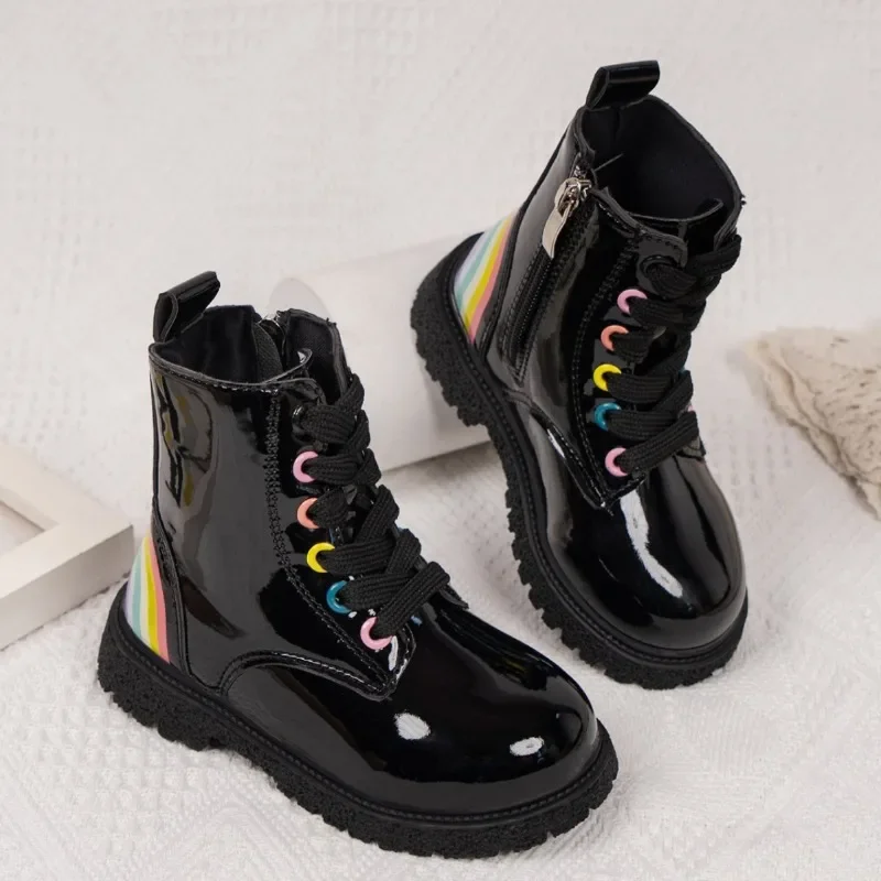 Patent Leather Girls Boots Fashion Rainbow Print Kids Ankle Boots Round Toe Soft Sole Children Shoes Black Princess Short Boots