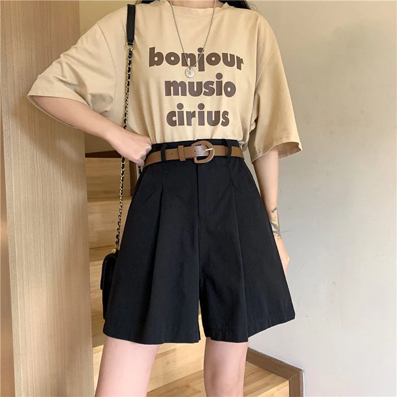 Summer Pure Cotton Shorts Women Korean Belt Black Wide Leg Suit Shorts S-3Xl Ladies Fashion Elegant White Baggy Short Pants New