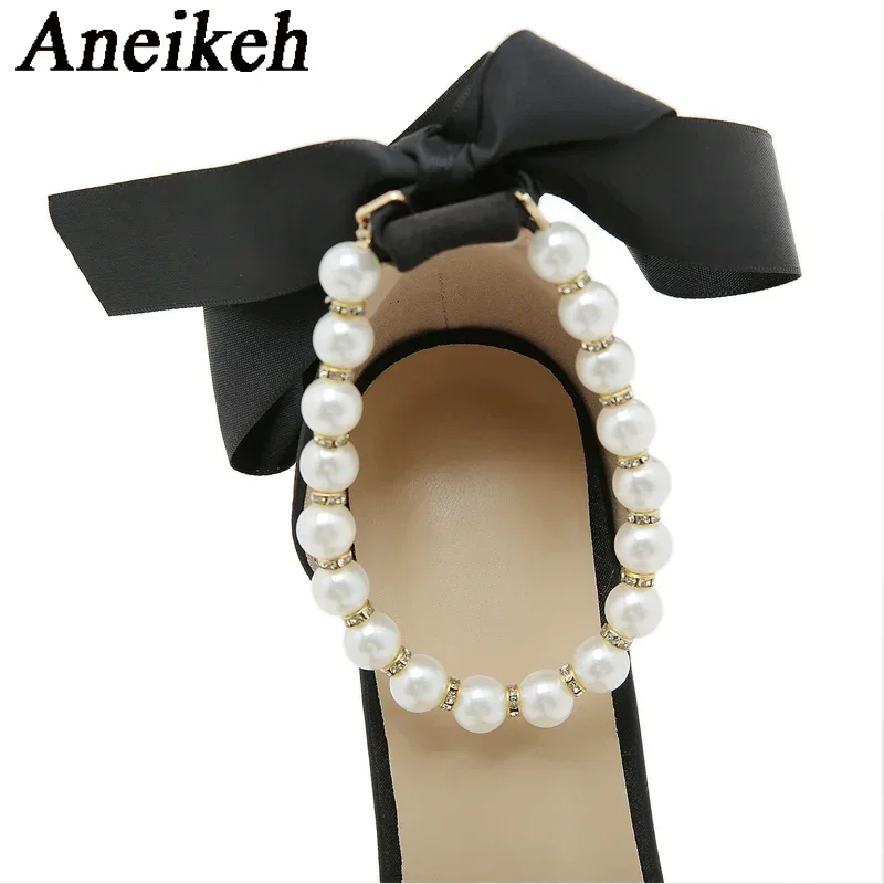 Aneikeh White Design String Bead Ankle Strap Women Pumps Cozy Silk Pointed Toe Lace Up Bowknot High Heels Party Dress Shoes