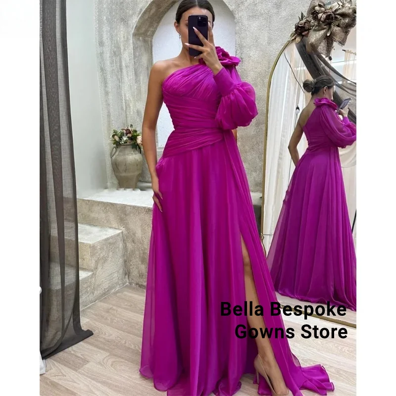 

Fuchsia Elegant One Shoulder Prom Dress for Woman Chiffon 3D-Flowers Beach Wedding Dresses Sexy Side Split Evening Gown