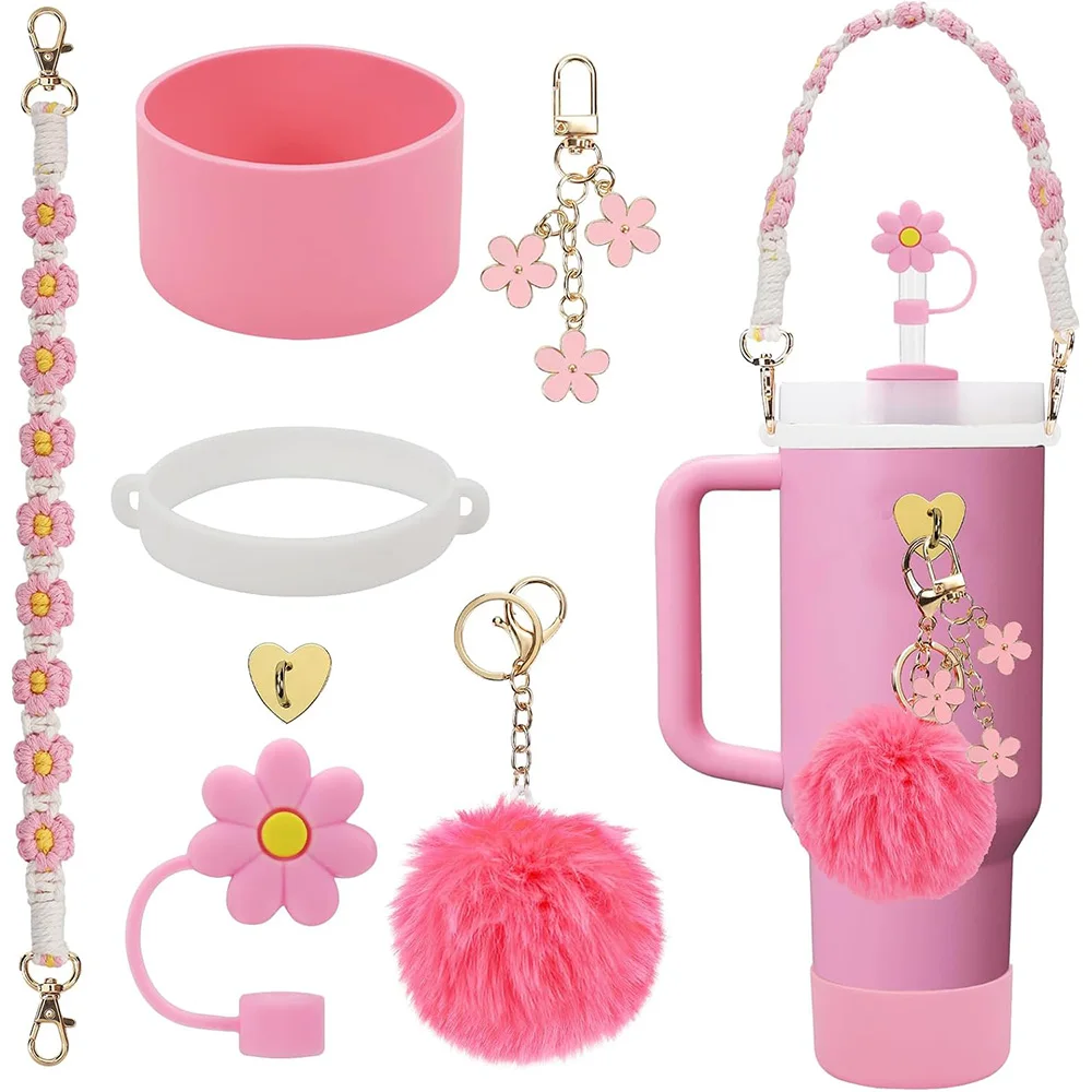 7-teiliges Tassenzubehör-Set für Stanley inklusive Griffband, Silikon-Cup-Stiefel-Stroh-Abdeckungs-Charms für 40oz und 30oz Tumbler